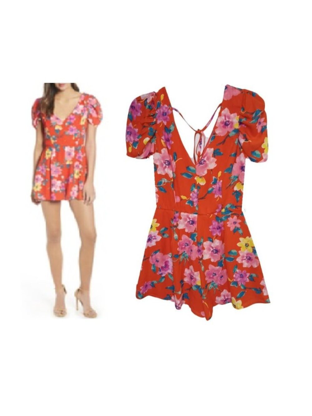 ⭐Rowa Womens Romper Sz M Red Floral Print Linen V-Neck Short Puff Sleeve Summer